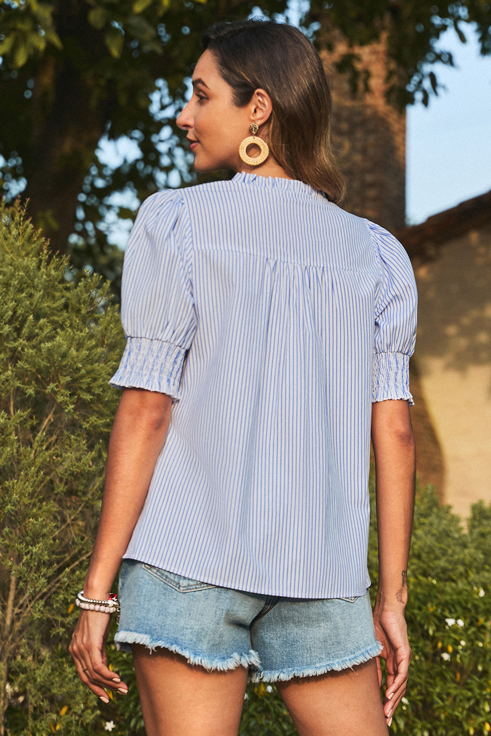 Gray Stripe Shirred Detail V Neck Puff Half Sleeve V Neck Blouse - loveforevers