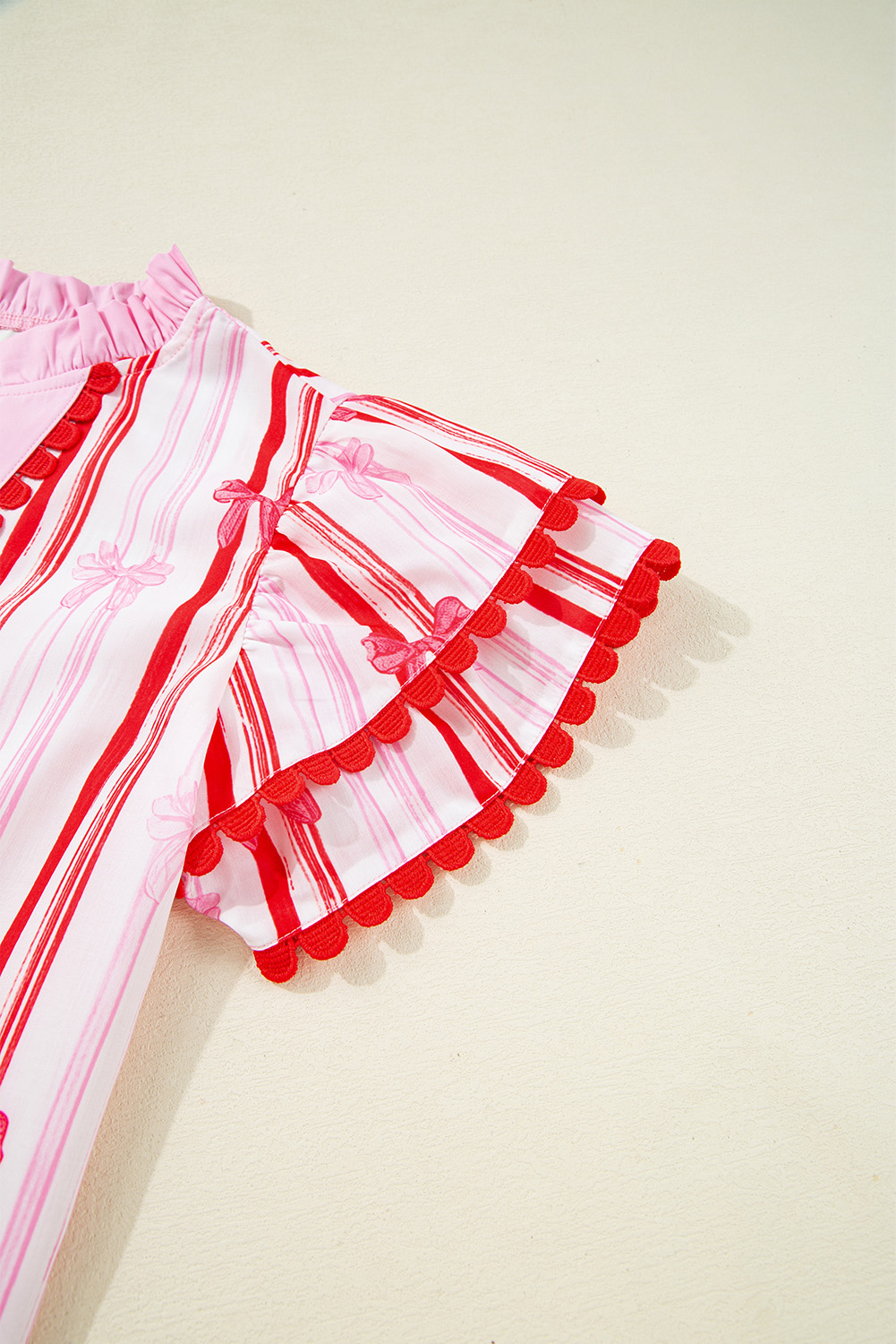 Pink Ric-rac Trim Ruffled Sleeve V Neck Bow Striped Printed Blouse - loveforevers