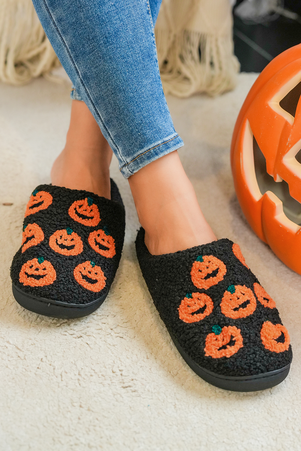 Black Halloween Pumpkin Plush Home Slippers - loveforevers
