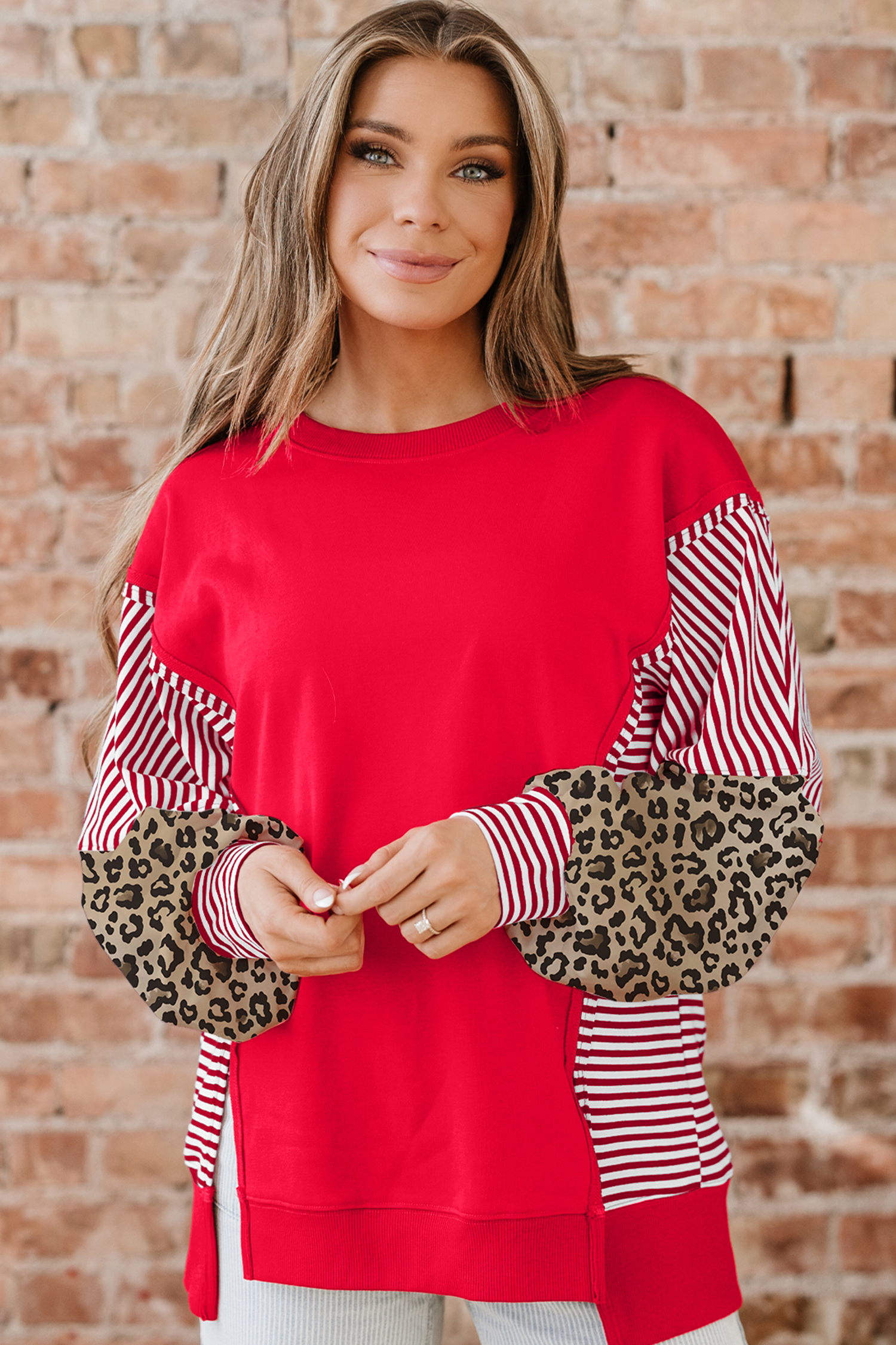 Racing Red Striped Patchwork Sleeve Colorblock Sweatshirt - loveforevers