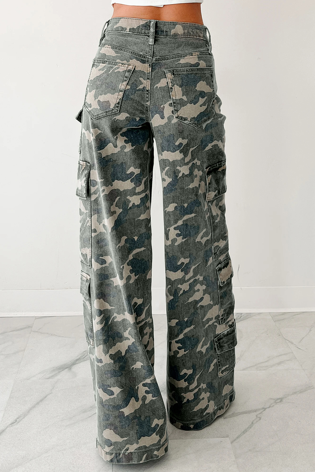 Green Camo Denim Cargo Wide Leg Pants - loveforevers