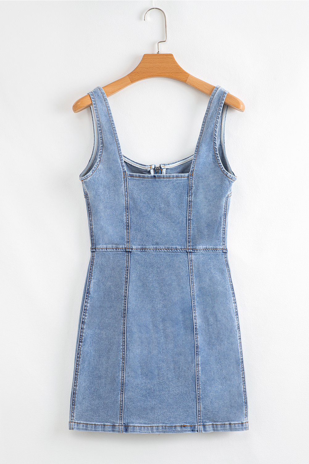 Beau Blue Seamed Zipper Square Neck Sleeveless Denim Mini Dress - loveforevers