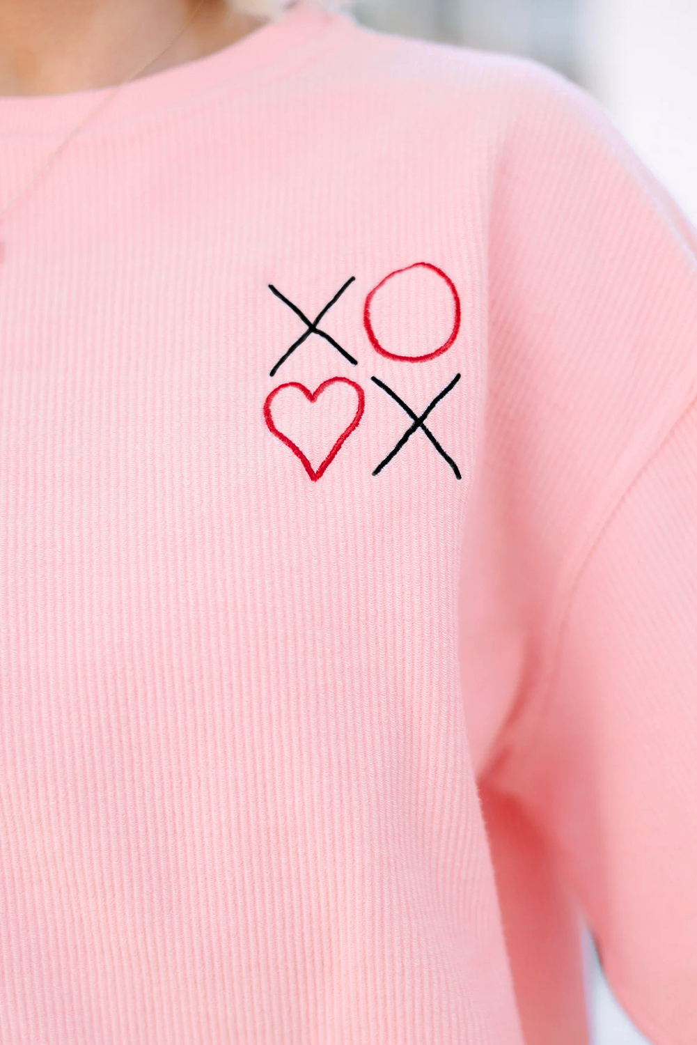White 3d Ribbed XOXO Heart Embroidered Drop Shoulder Sweatshirt - loveforevers