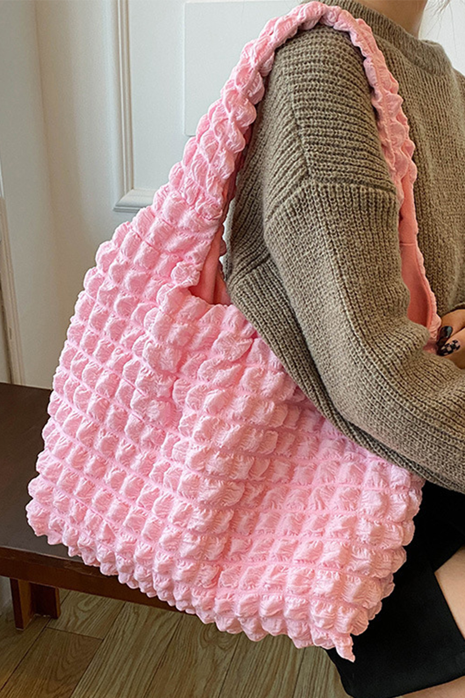 Pink Solid Color Puffy Textured Tote Bag - loveforevers