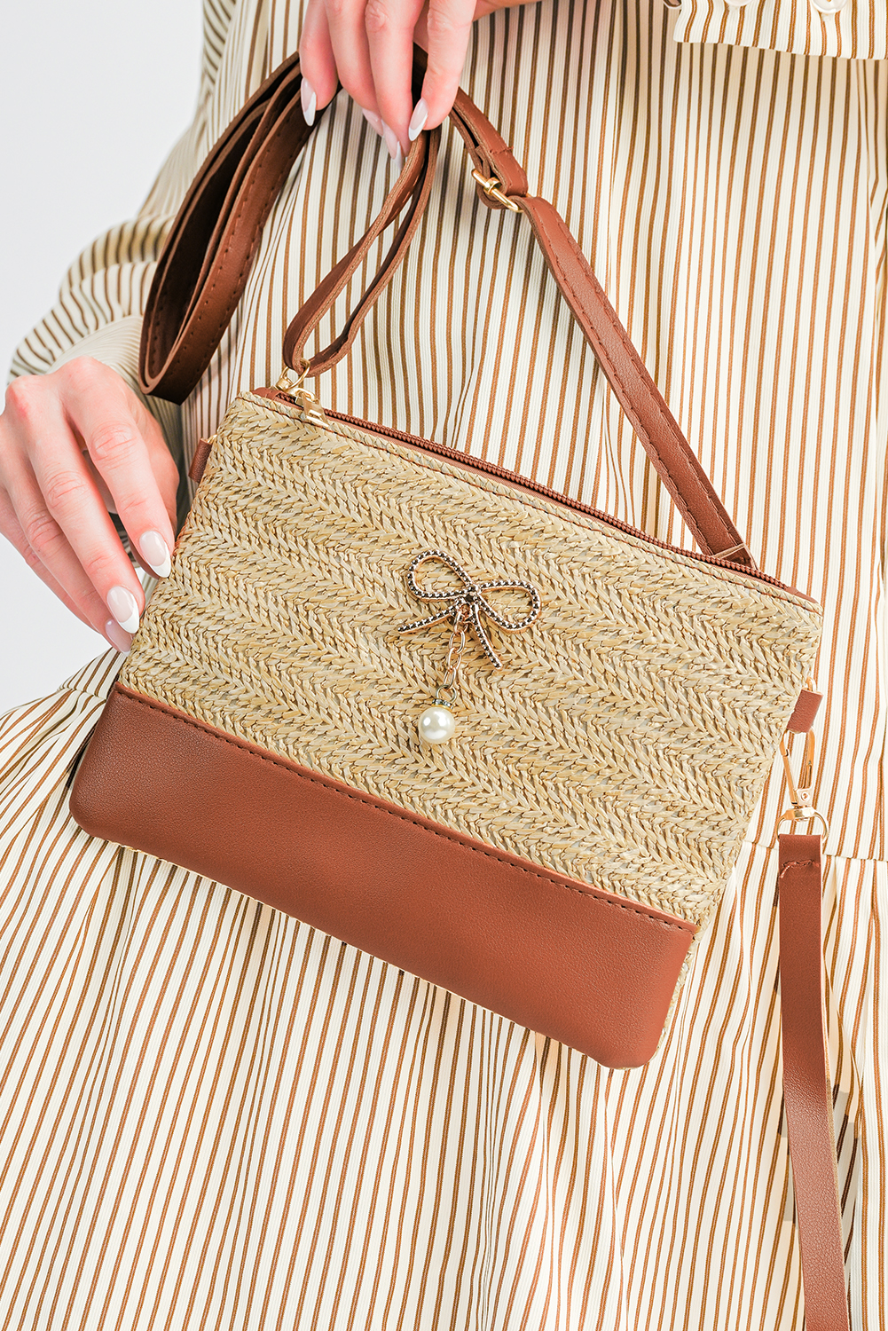 Beige Bow Pearl Decor Straw PU Leather Patched Crossbody Bag - loveforevers