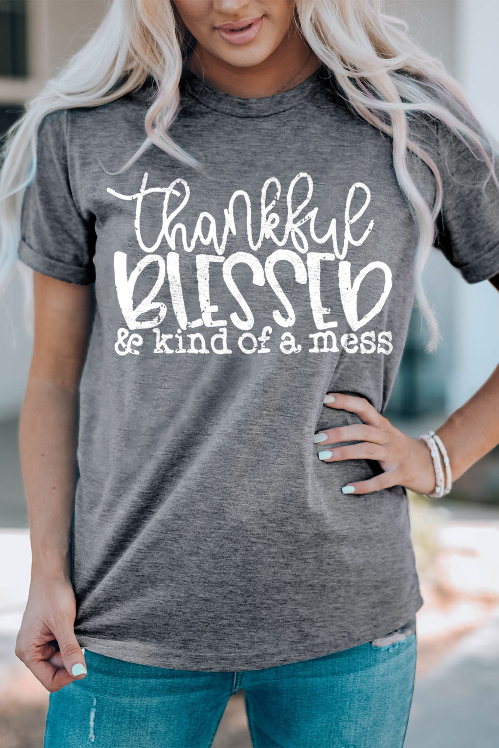 Gray Thankful Blessed & Kind of a Mess Graphic Tee - loveforevers