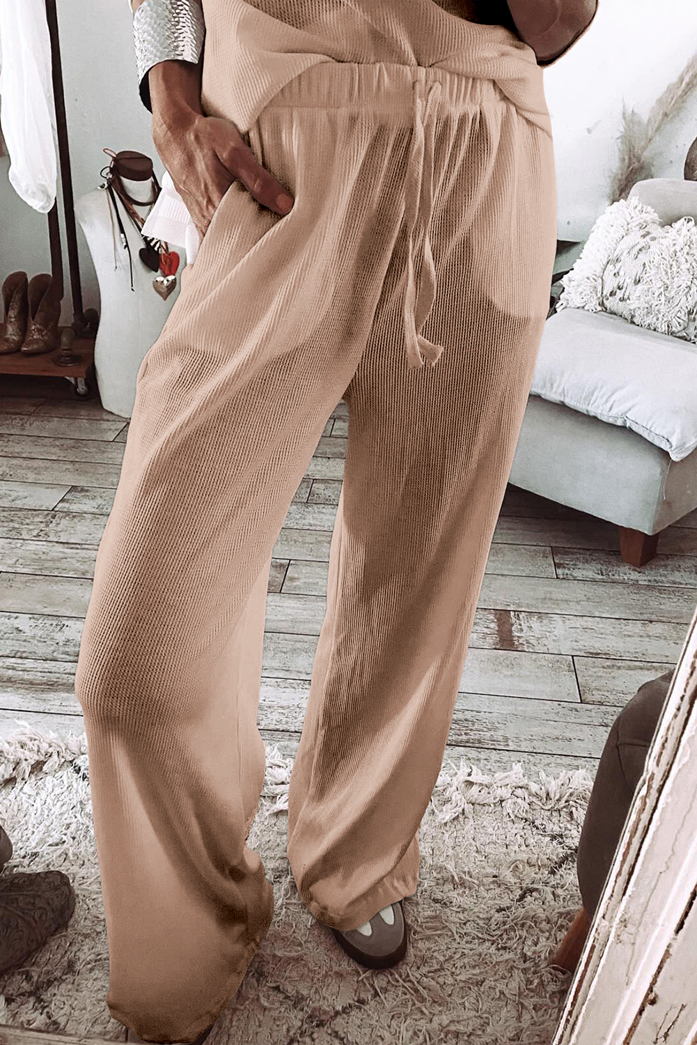 Parchment Textured Long Sleeve T Shirt and Pants Lounge Set - loveforevers
