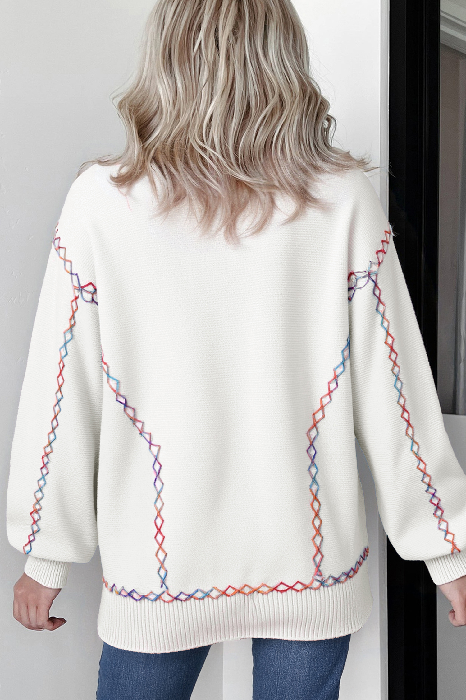 White Rainbow Stitching Balloon Sleeve Relaxed Sweater - loveforevers