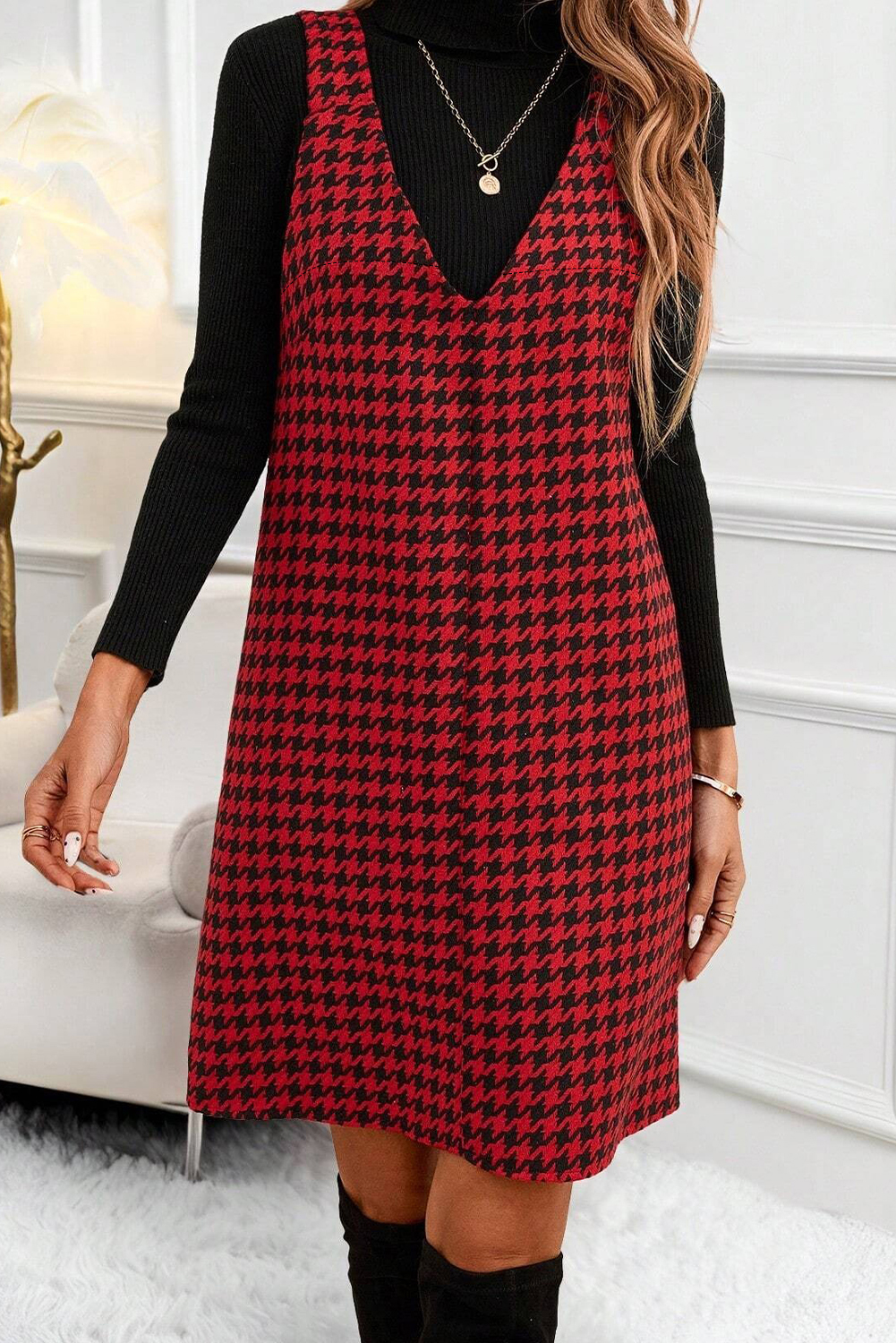 Khaki Houndstooth Print V Neck Sleeveless Mini Dress - loveforevers