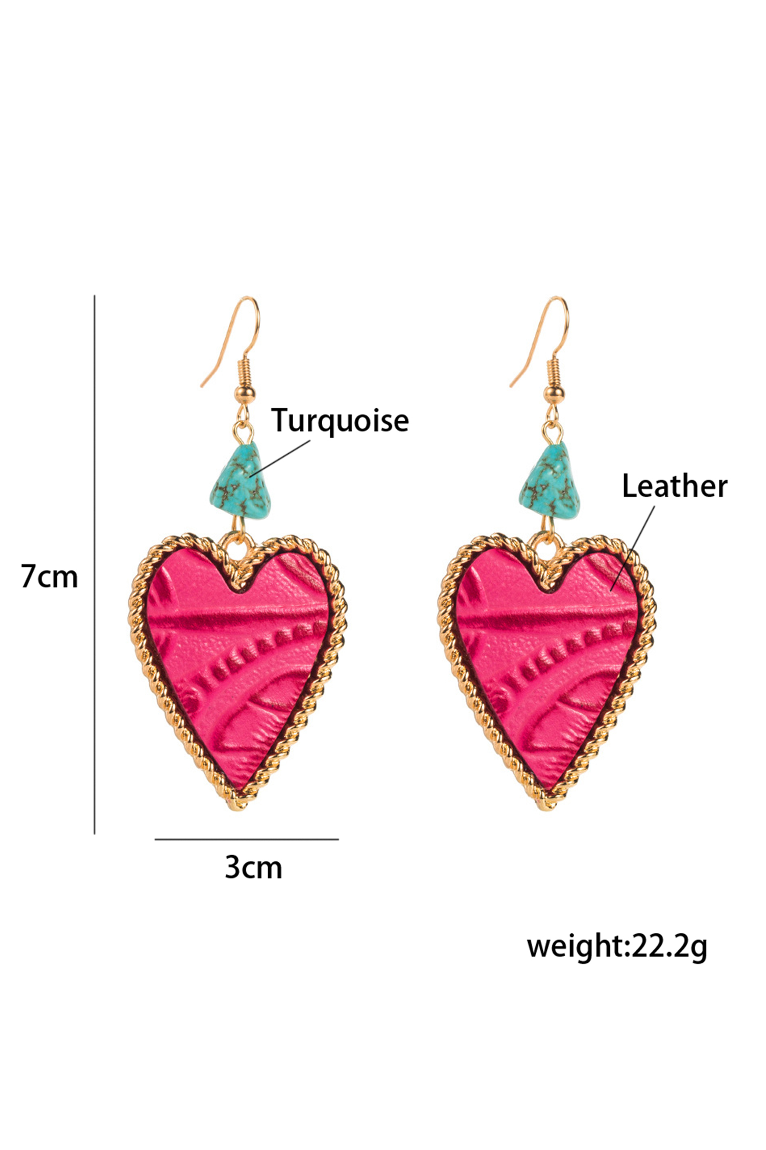 Rose Red Playful Heart Dangle Turquoise Detail Open Hook Earrings - loveforevers