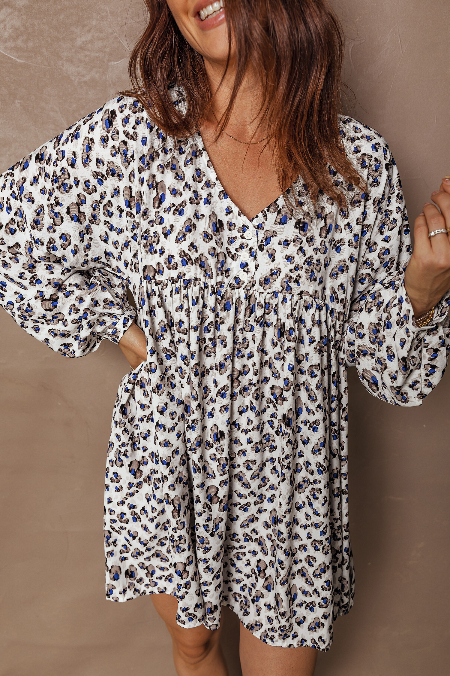 Multicolour Leopard Print V Neck Button Detail Long Sleeve Mini Dress - loveforevers