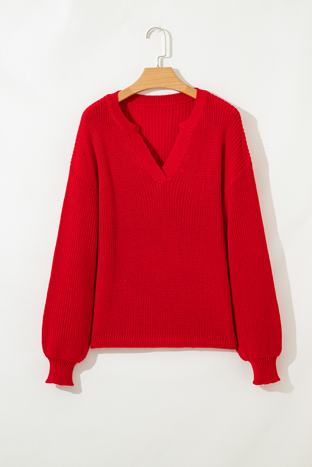 Racing Red Solid Textured Knit V Neck Drop Shoulder Sweater - loveforevers