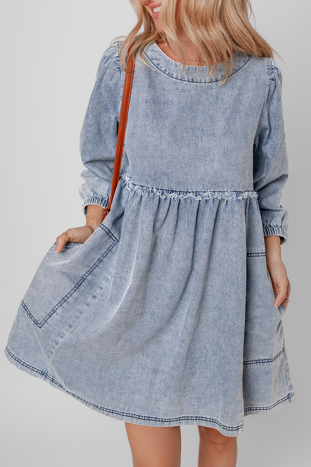 Beau Blue Light Wash High Waist Loose Fit Denim Mini Dress - loveforevers