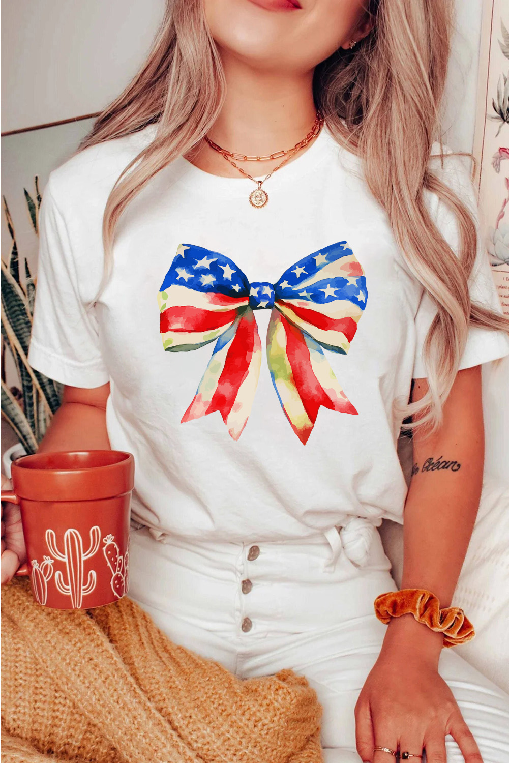 White Independence Day Splash Bow Pattern T Shirt - loveforevers