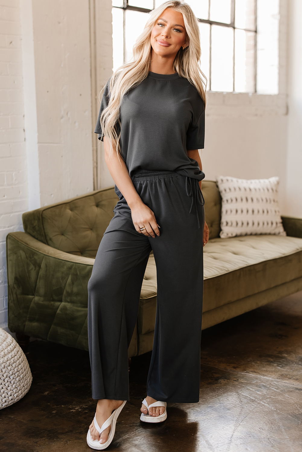 Dark Grey Drawstring Side Crewneck Tee and Loose Pants Set - loveforevers