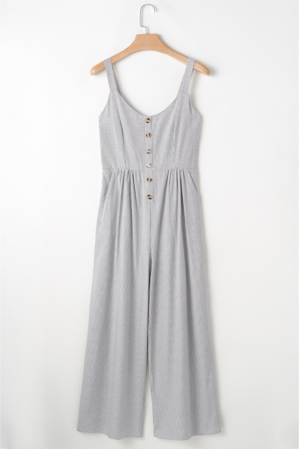 Black Stripe Half Buttoned Sleeveless Wide Leg Jumpsuit - loveforevers