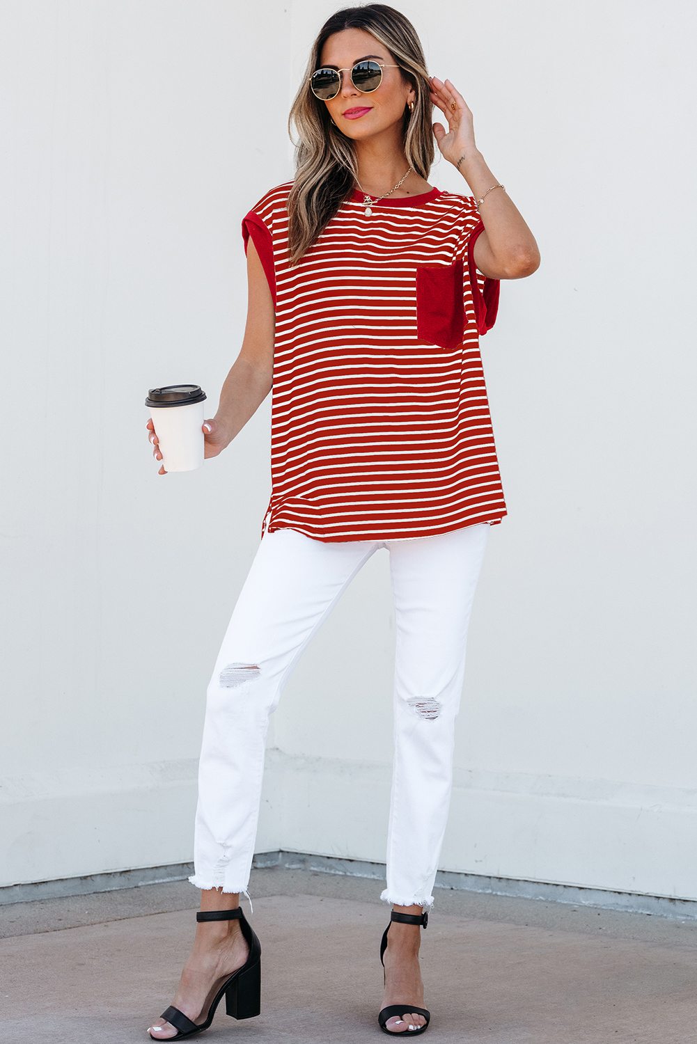 Red Stripe Chest Pocket Patch Round Neck Tank Top - loveforevers