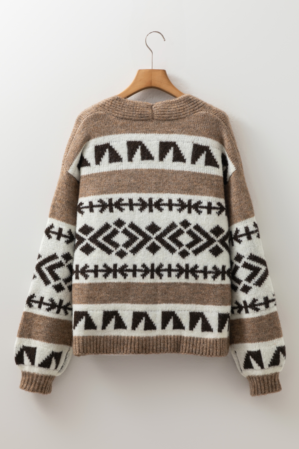 Dark Khaki Ethnic Geometric Pattern Button Front V Neck Sweater Cardigan - loveforevers