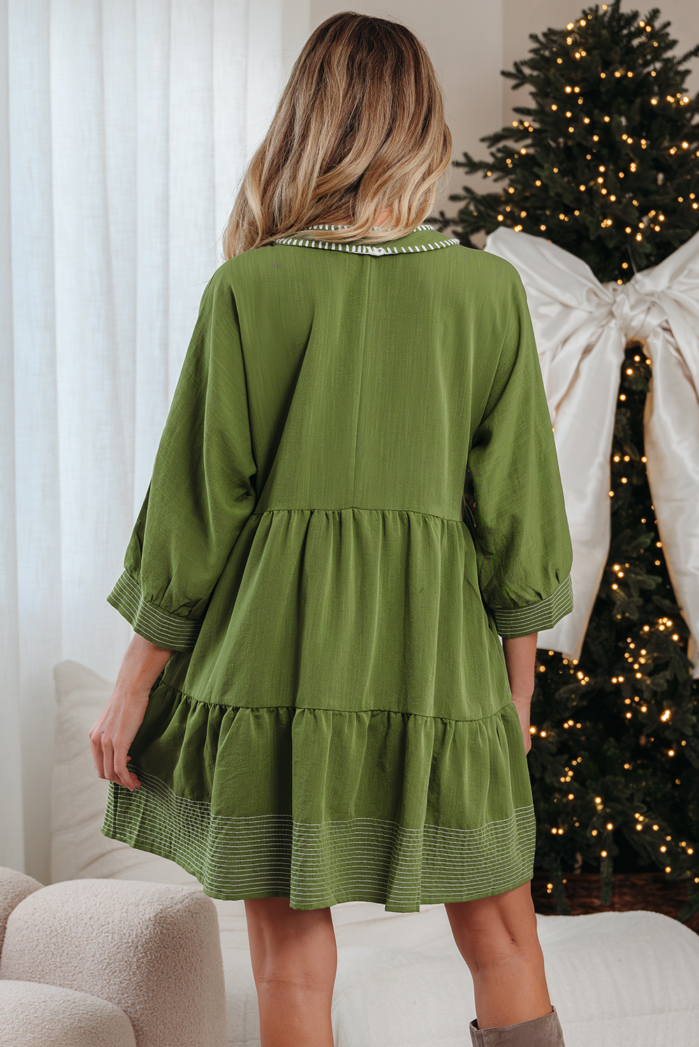 Black Contrast Stitched V Neck 3/4 Sleeve Tiered Mini Dress - loveforevers