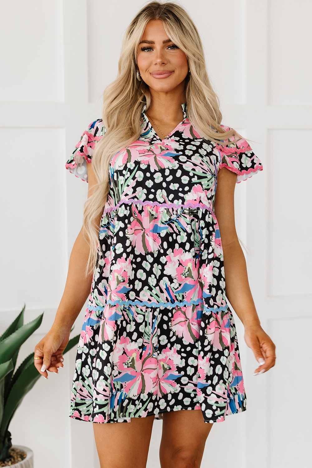 Pink Floral Ricrac Embellished Tiered Mini Dress - loveforevers