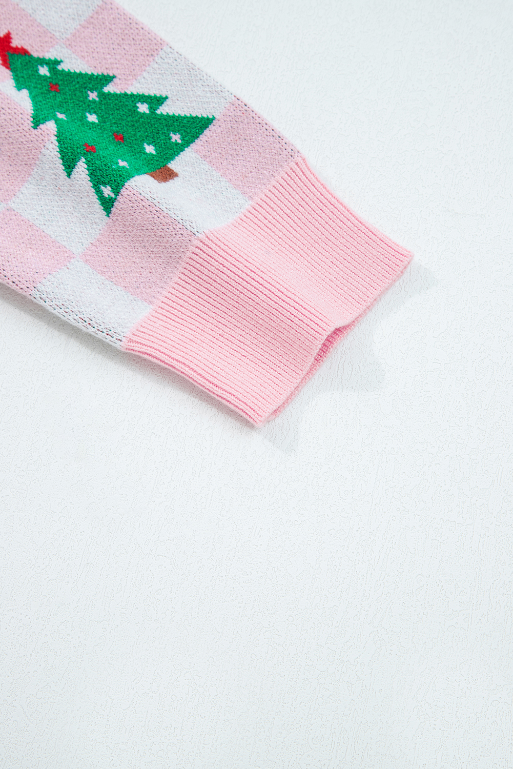 Pink Checkered Christmas Tree Pattern Button V Neck Cardigan Sweater - loveforevers