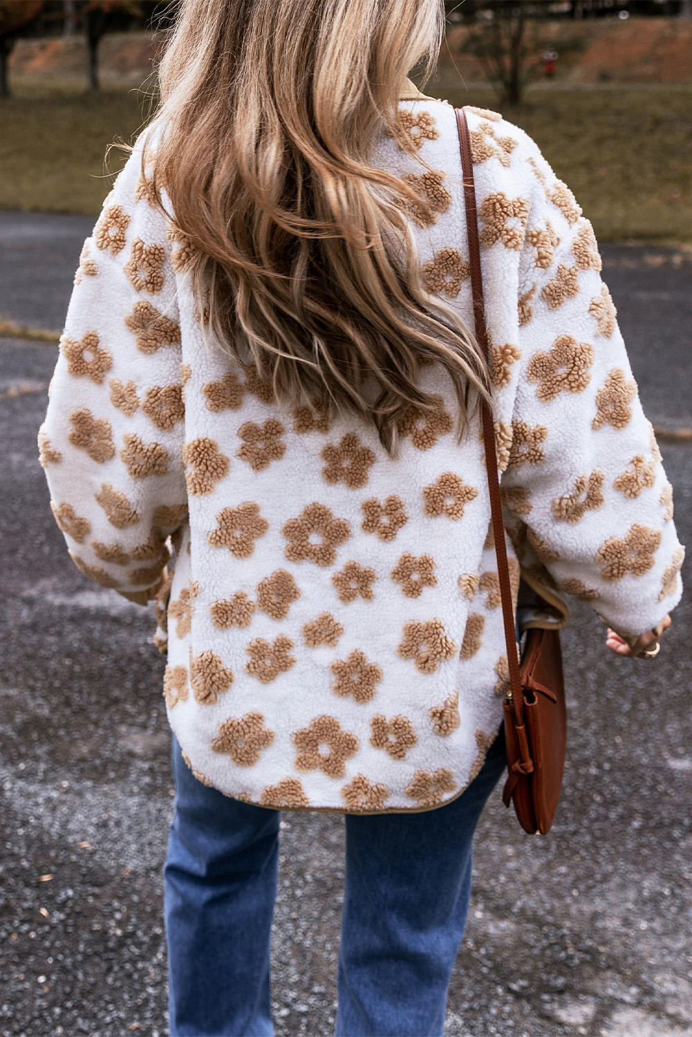 Light French Beige Cute Flower Pattern Button Up Fleece Jacket - loveforevers