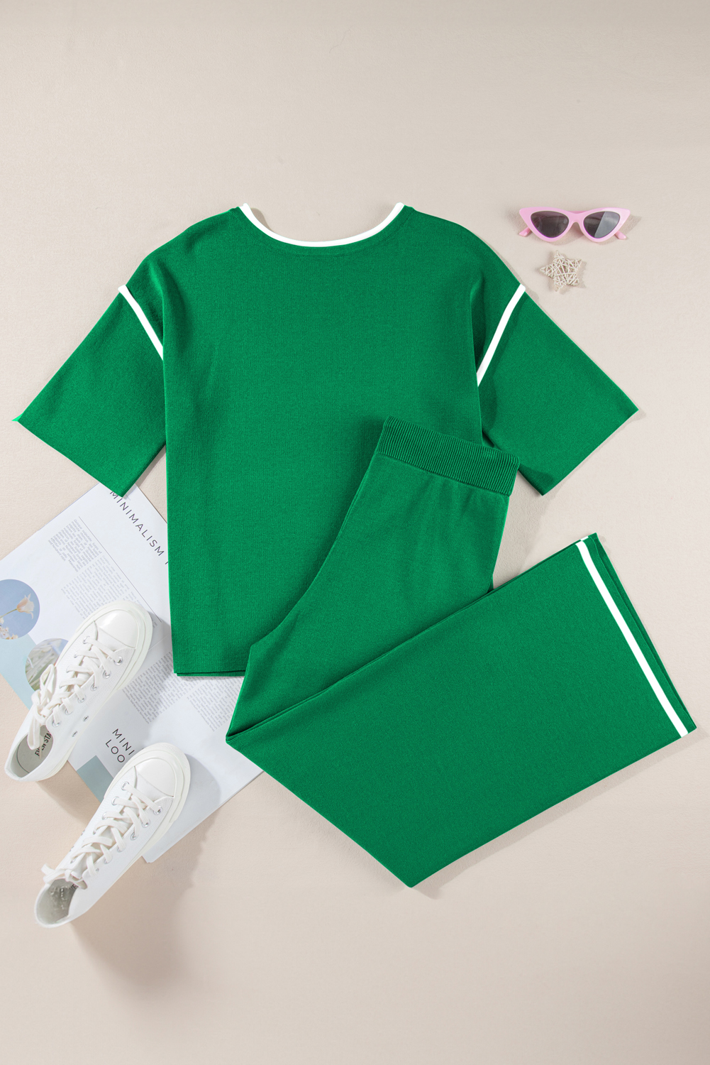 Blackish Green Contrast Trim Half Sleeve Top Drawstring Pants Loose 2pcs Sweater Suit - loveforevers