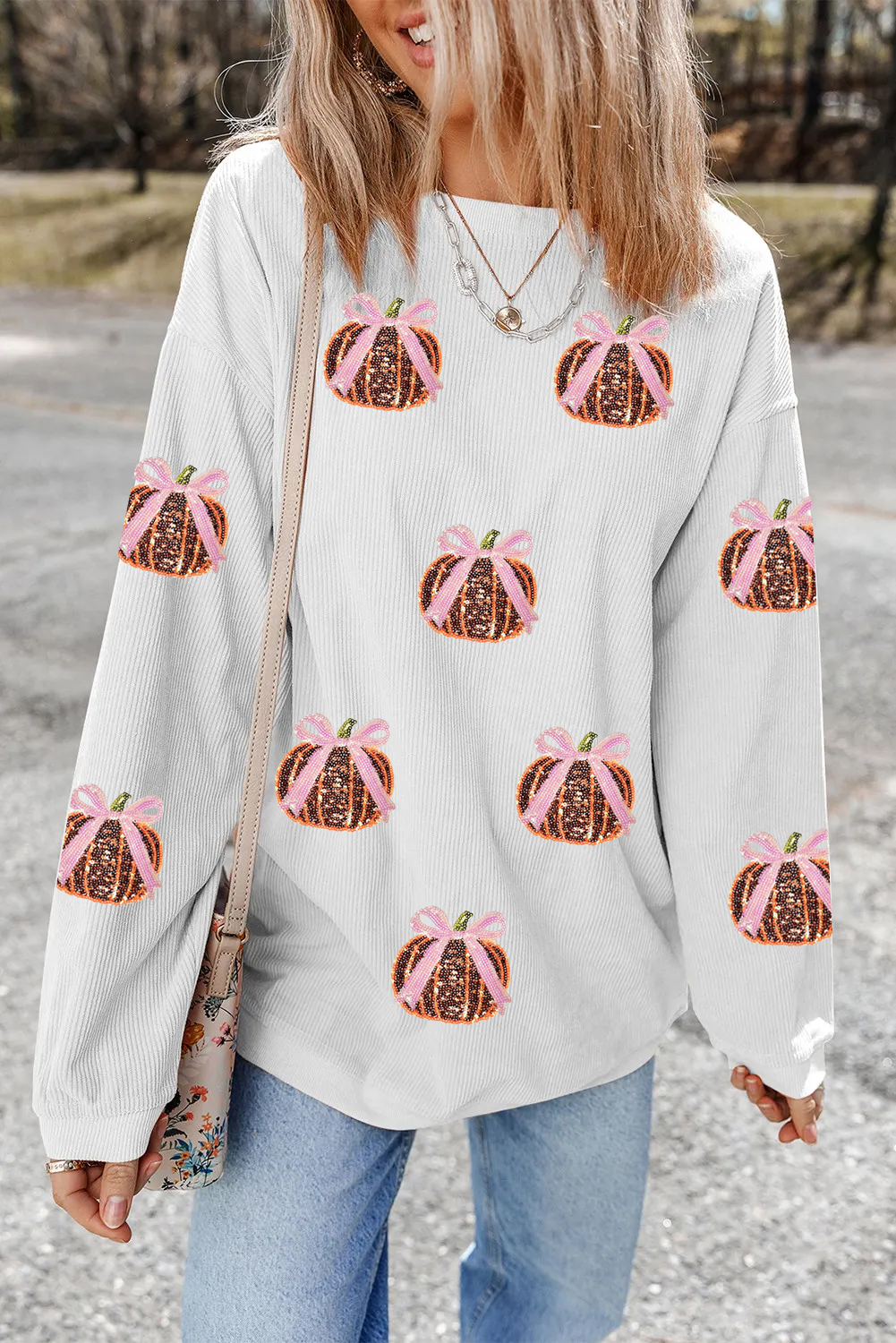 White Twisted Ribbed Sequin Bow Pumpkin Graphic Baggy Sweatshirt - loveforevers