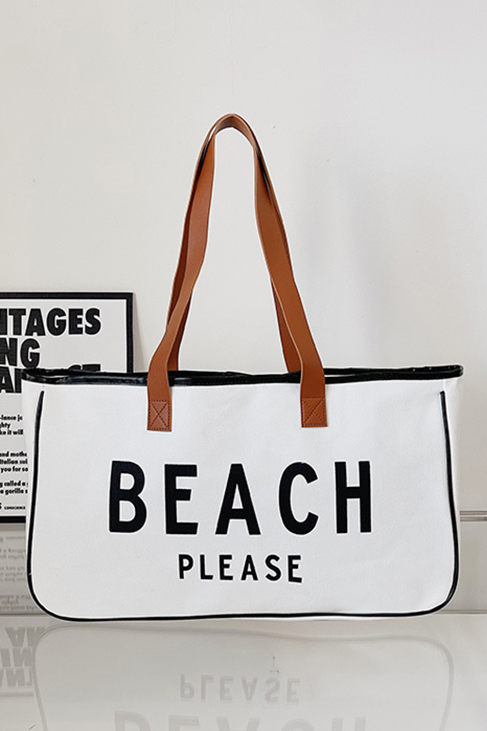 White BEACH PLEASE Print Large Canvas Tote Bag - loveforevers