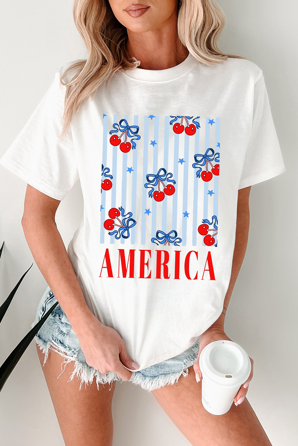 White Bow Cherry AMERICA Graphic Crewneck Patriotic T Shirt - loveforevers
