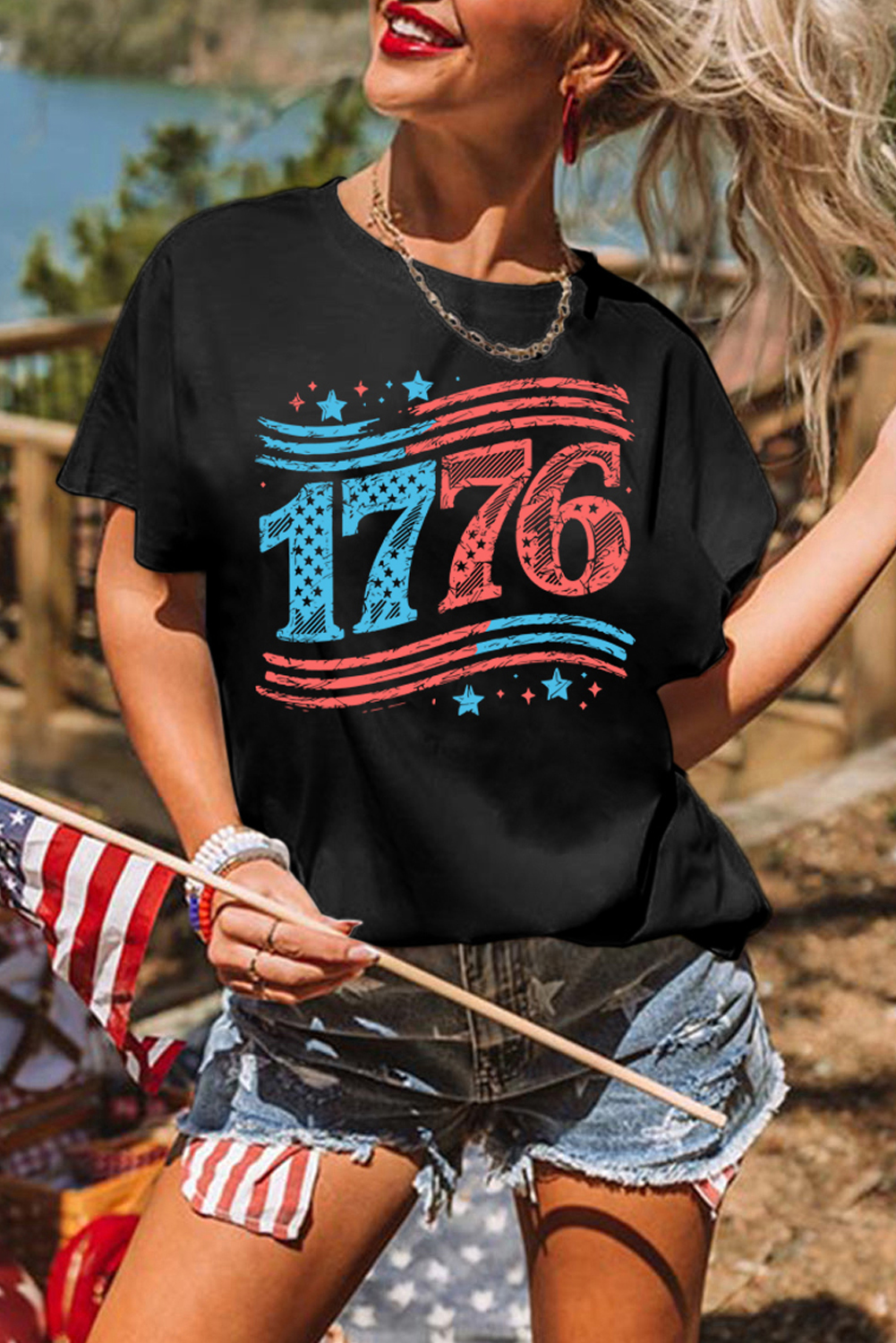 Black 1776 American Flag Theme Print Crew Neck T Shirt - loveforevers