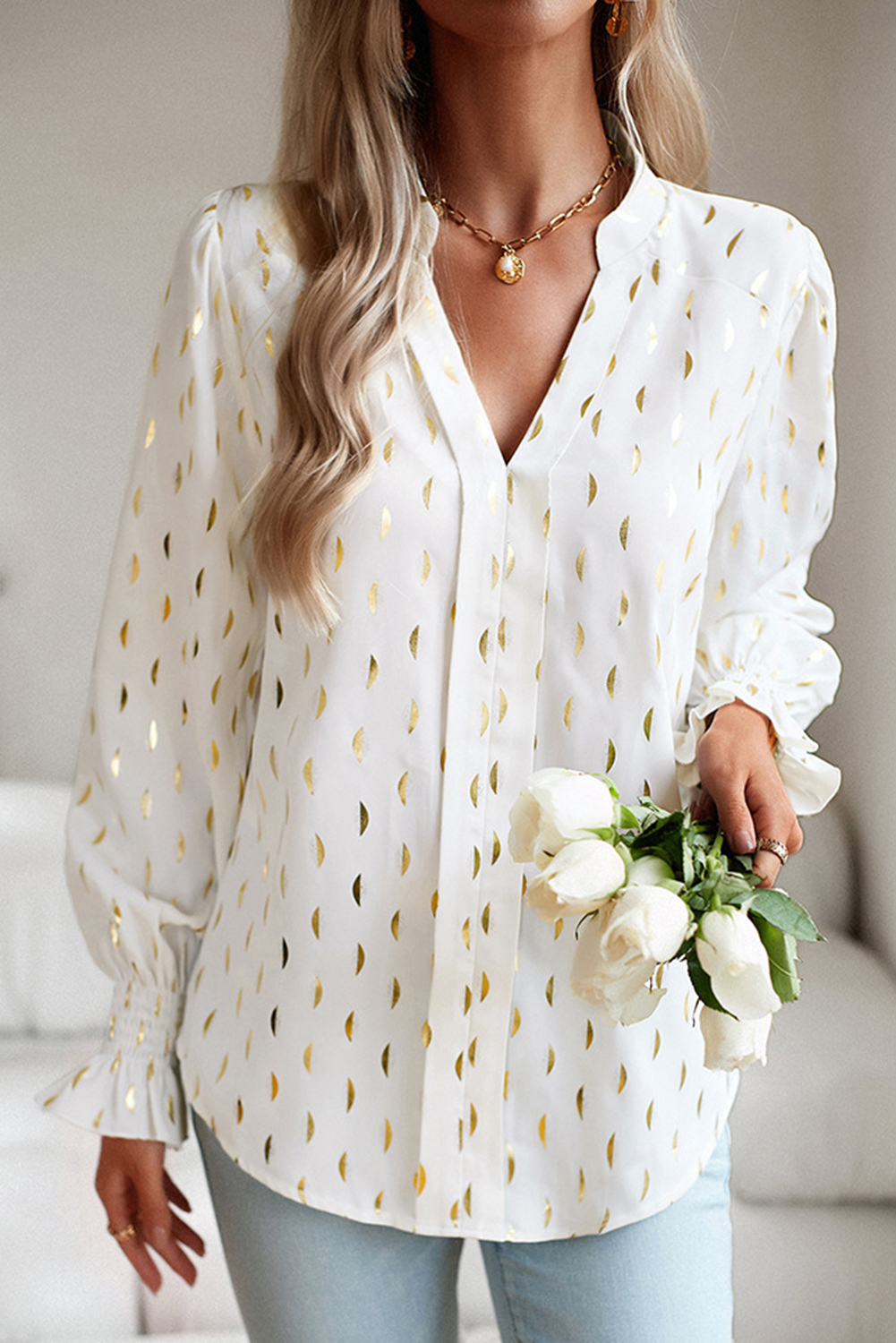 Beige Foil Crescent Print Notched Neck Flounce Sleeve Blouse - loveforevers