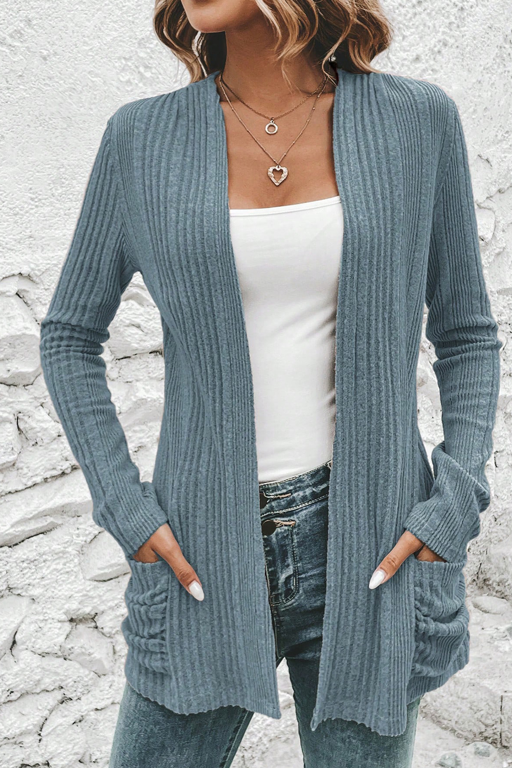 Stone Blue Ribbed Open Front Knitted Top with Pockets - loveforevers