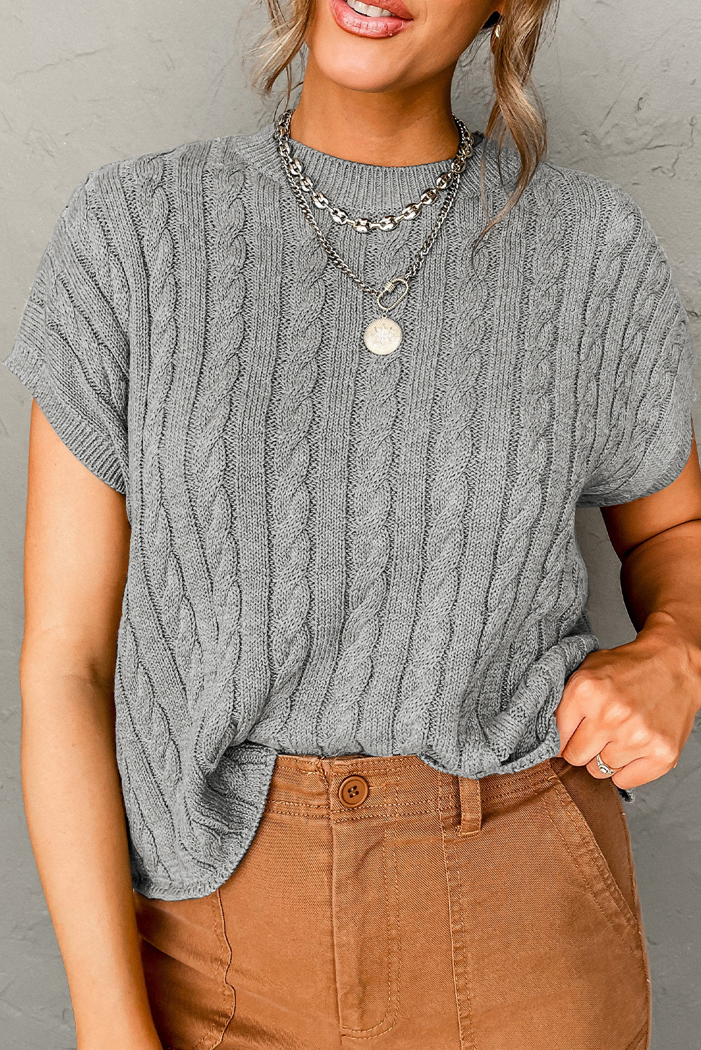 Gray Crew Neck Cable Knit Short Sleeve Sweater - loveforevers