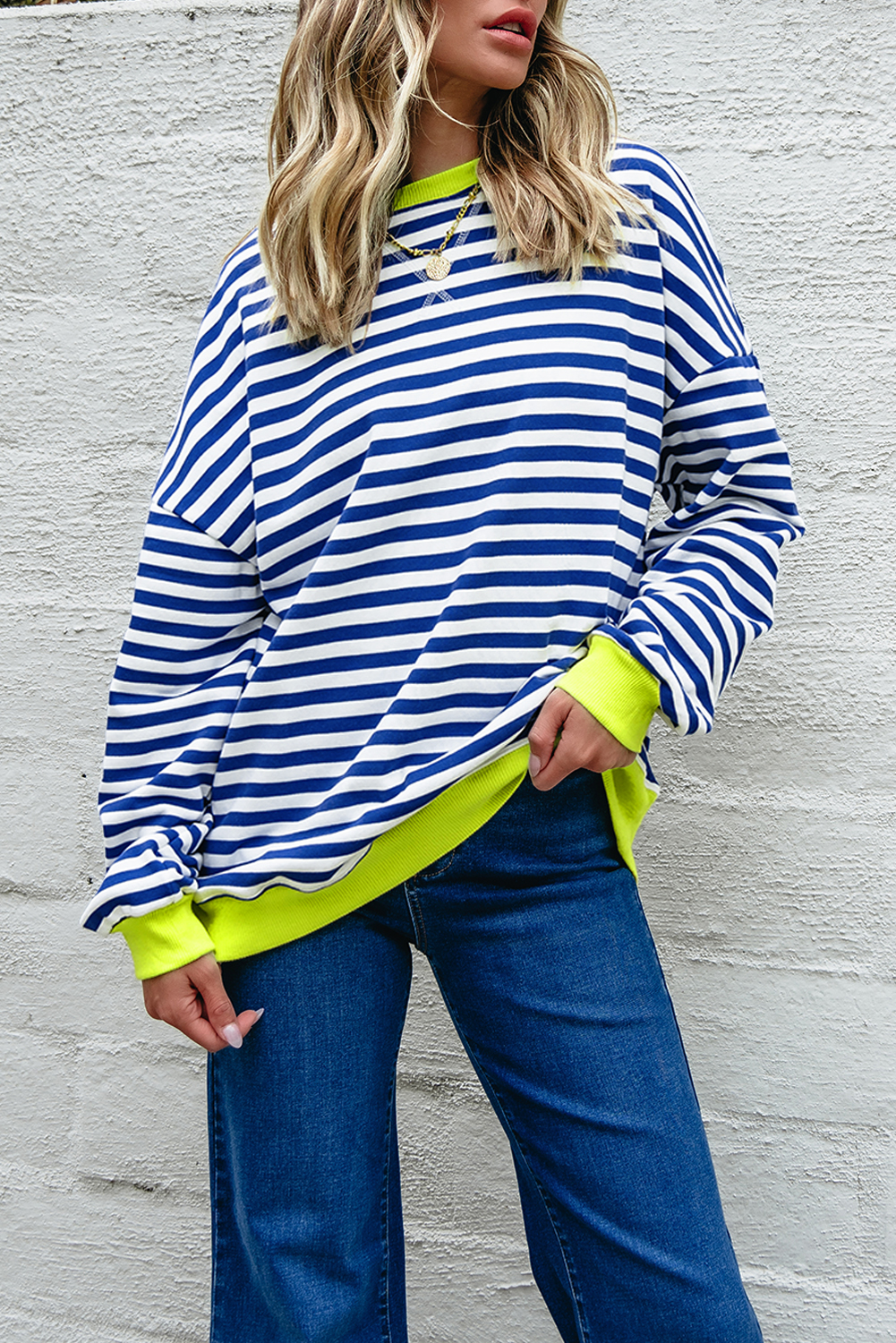 Red Stripe Contrast Ribbed Trim Crossed Stitch Drop Shoulder Sweatshirt - loveforevers