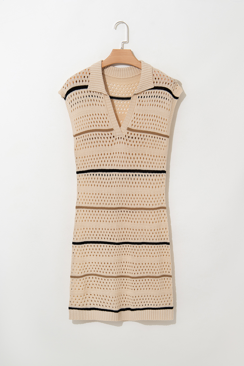 Apricot Beach Eyelet Crochet Knit Striped Detail Polo Tee Dress - loveforevers