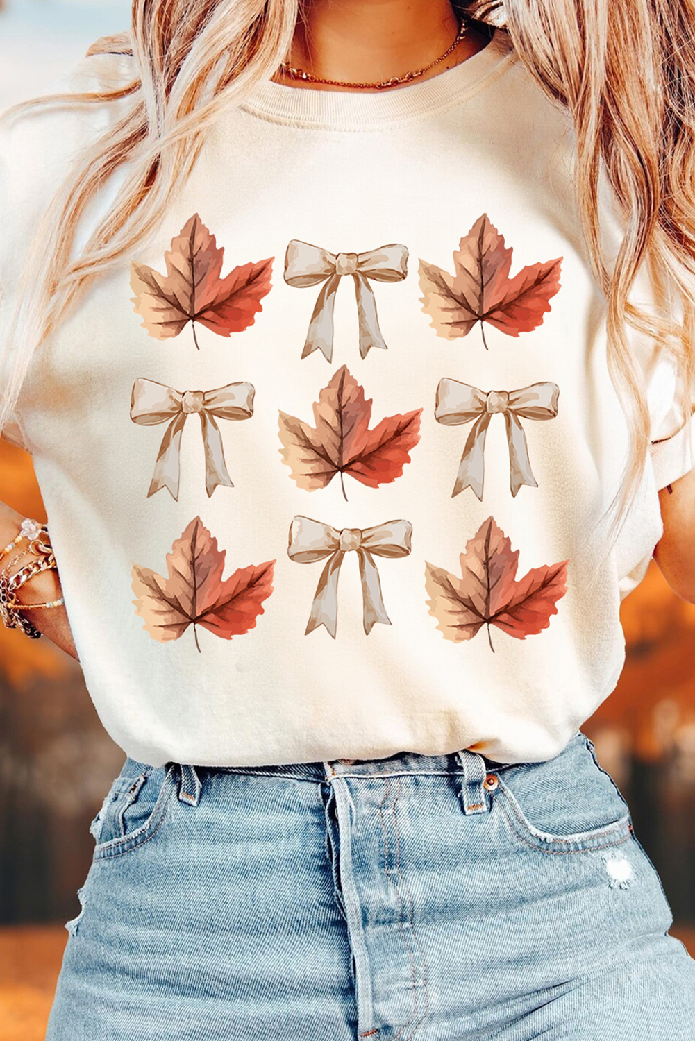 White Fall Leaf Bow Print Thanksgiving T Shirt - loveforevers