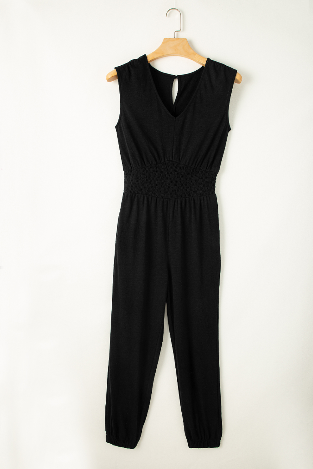 Black Shirred High Waist Sleeveless V Neck Jumpsuit - loveforevers