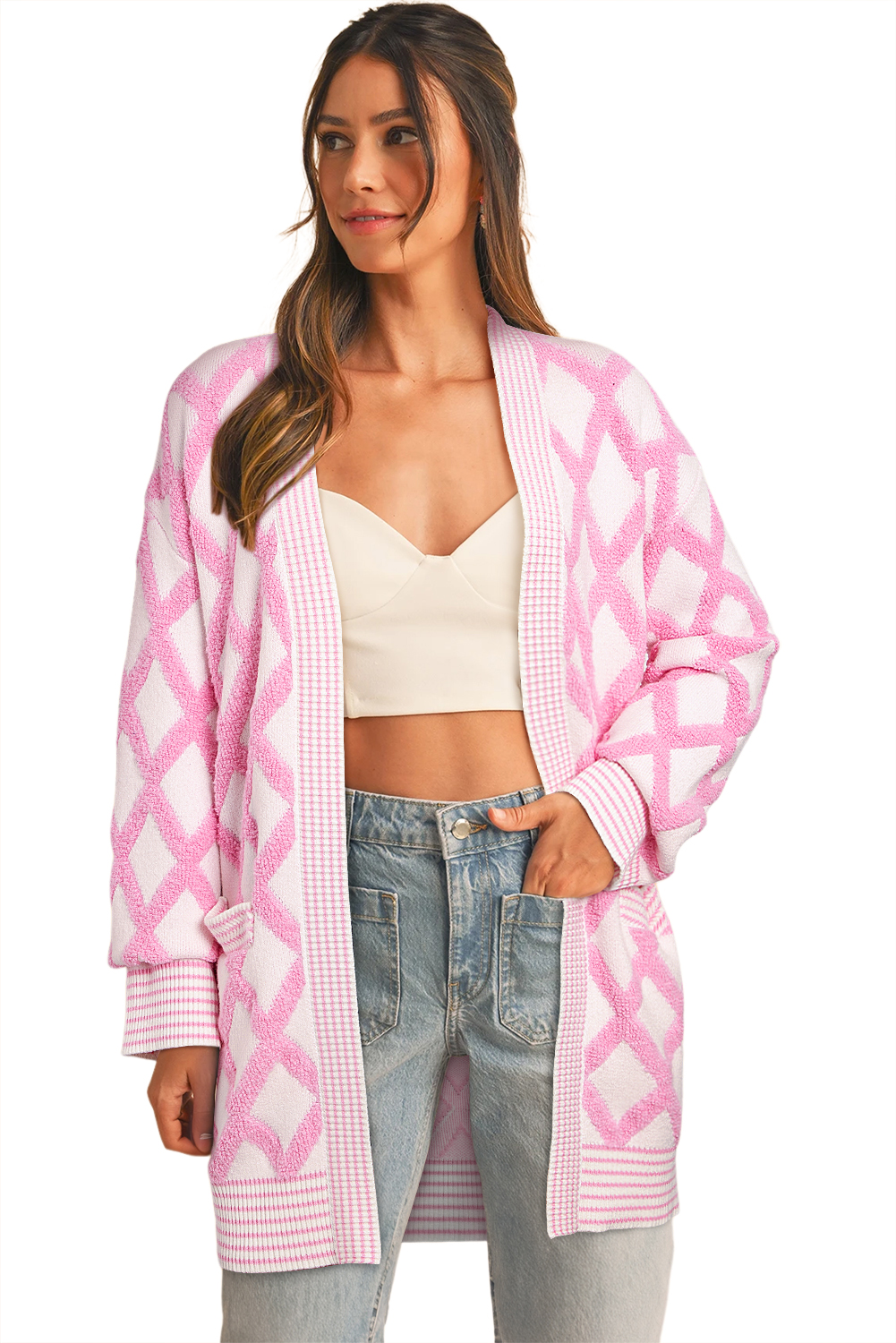 Pink Rhombus Pattern Knit Open Front Pocketed Cardigans - loveforevers