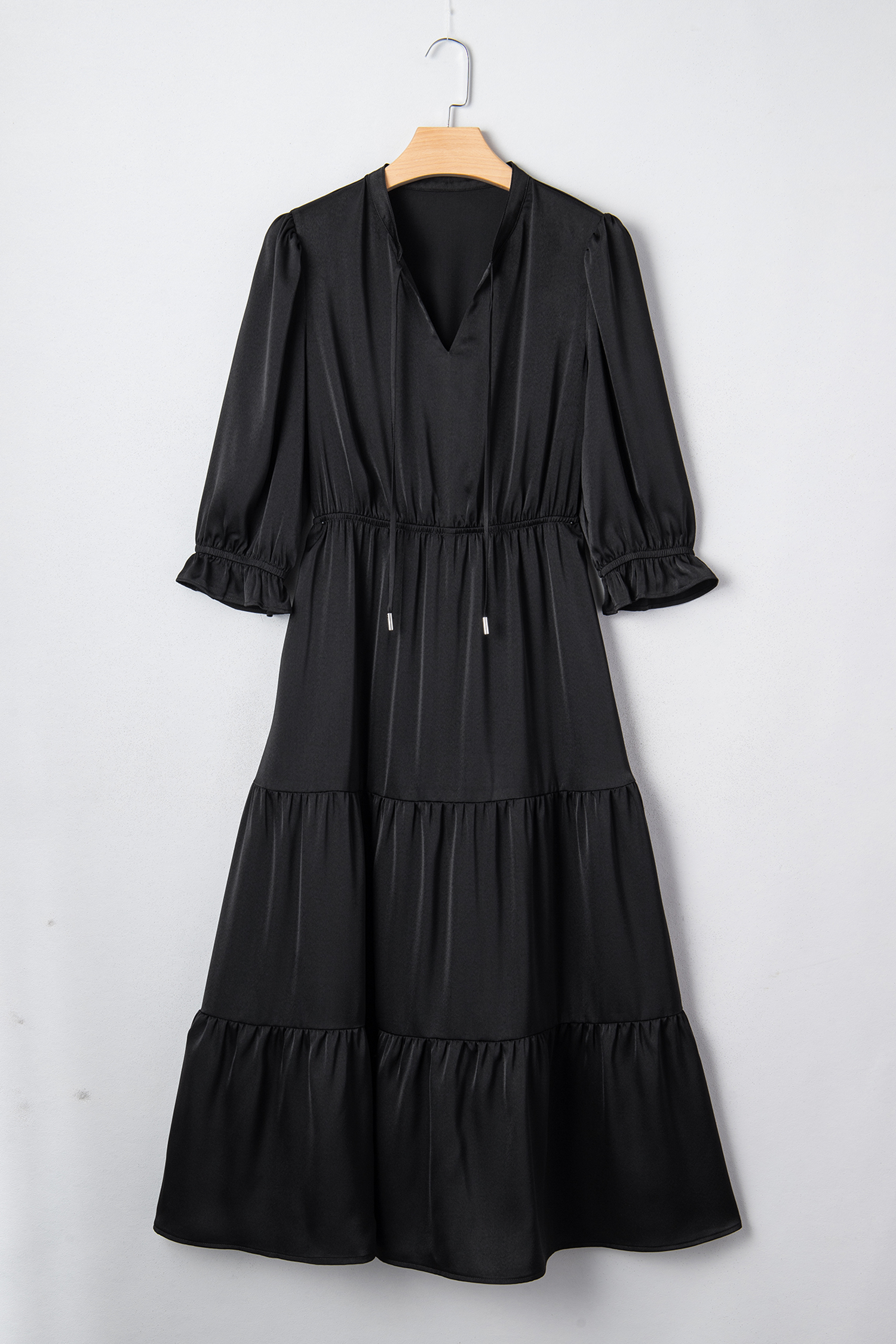 Black Flounced Bracelet Sleeve V Neck Tiered Maxi Dress - loveforevers