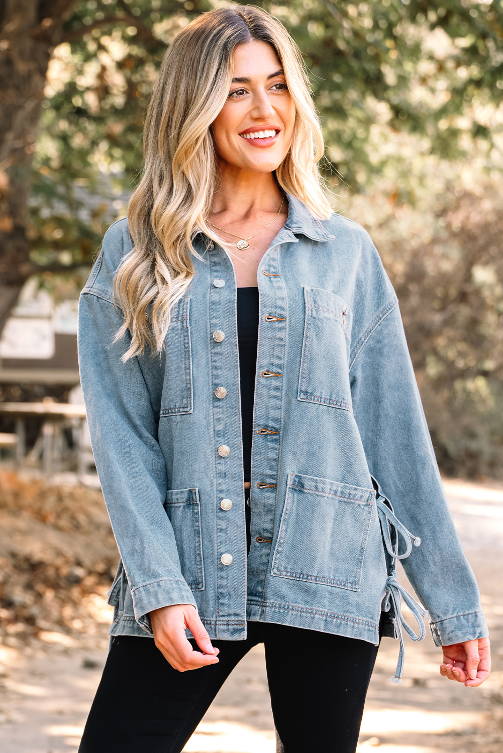 Beau Blue Multi Patched Pockets Side Tie up Boyfriend Style Denim Jacket - loveforevers