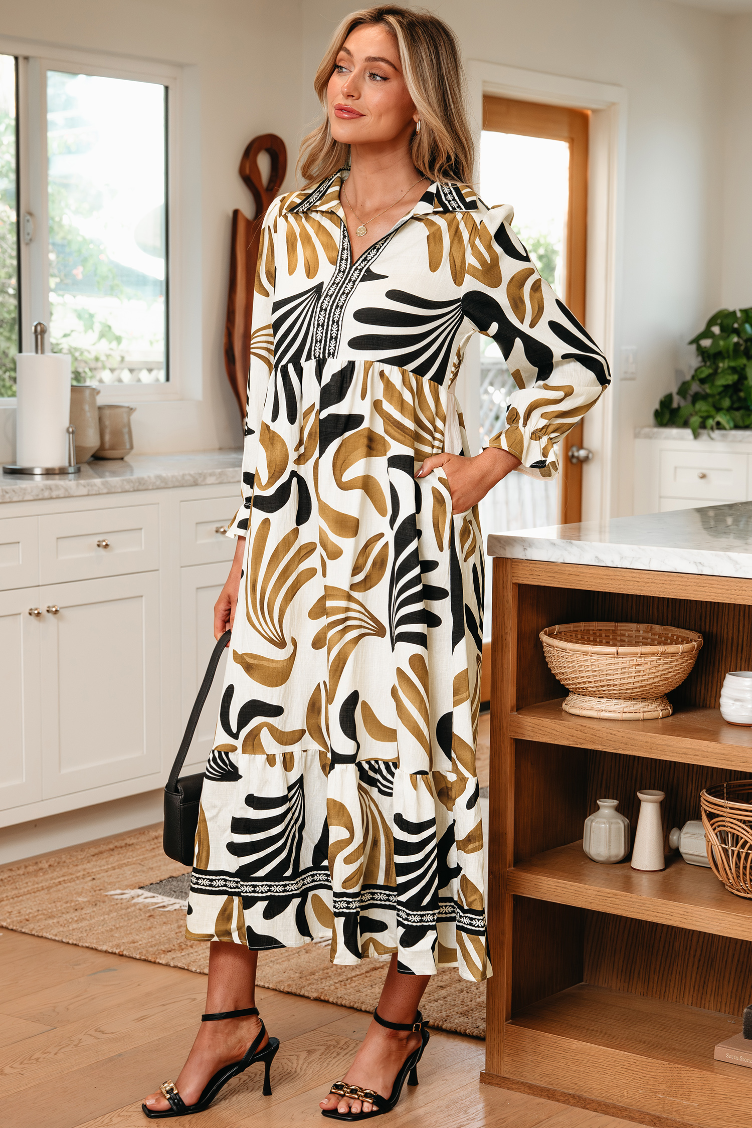 Brown Tropical Printed Contrast Trim Neck Long Sleeve Ruffle Hem Dress - loveforevers
