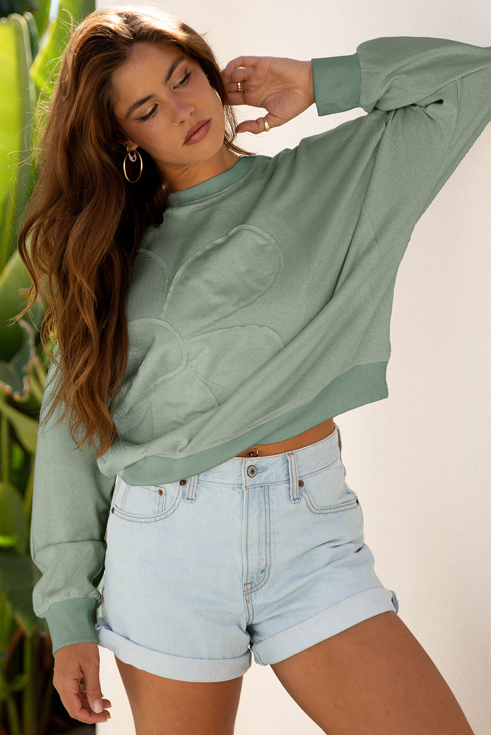 Beige Raw Edge Flower Patch Drop Shoulder Casual Top - loveforevers