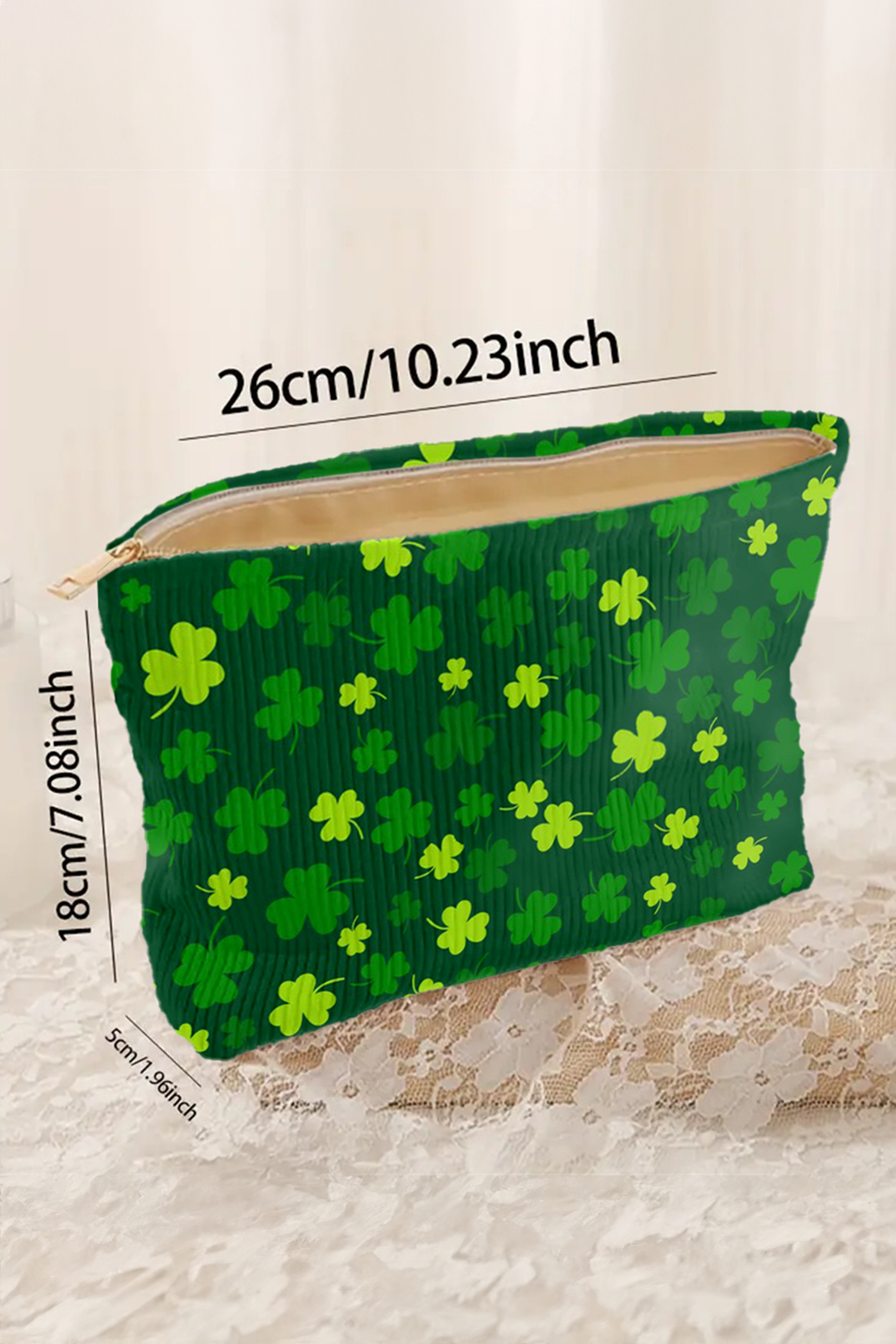 Blackish Green St Patricks Lucky Clover Printed Soft Ribbed Makeup Bag - loveforevers