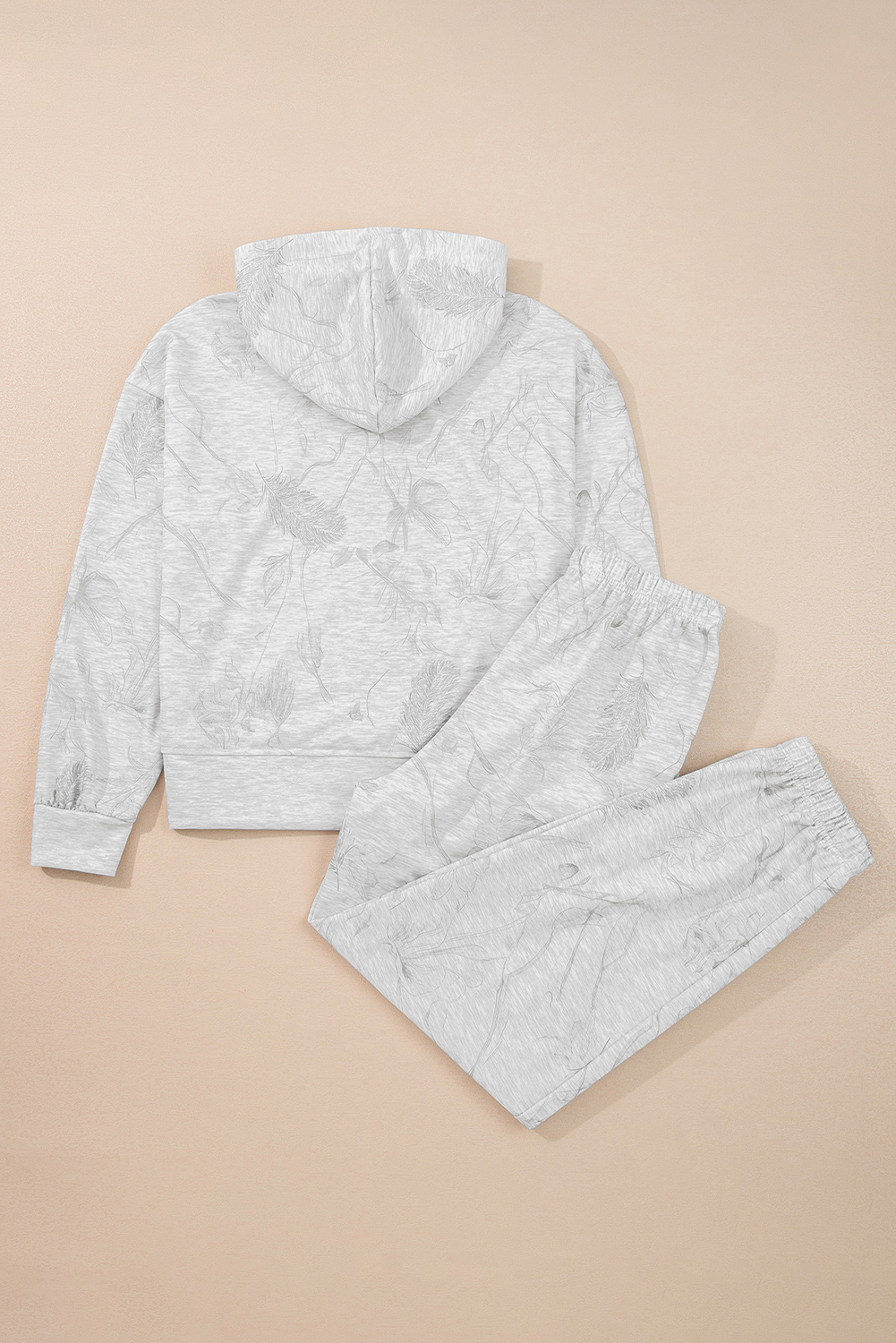 Light Grey Abstract Print Loose Drop Sleeve Hoodie Elastic Waistband 2pcs Pant Set - loveforevers