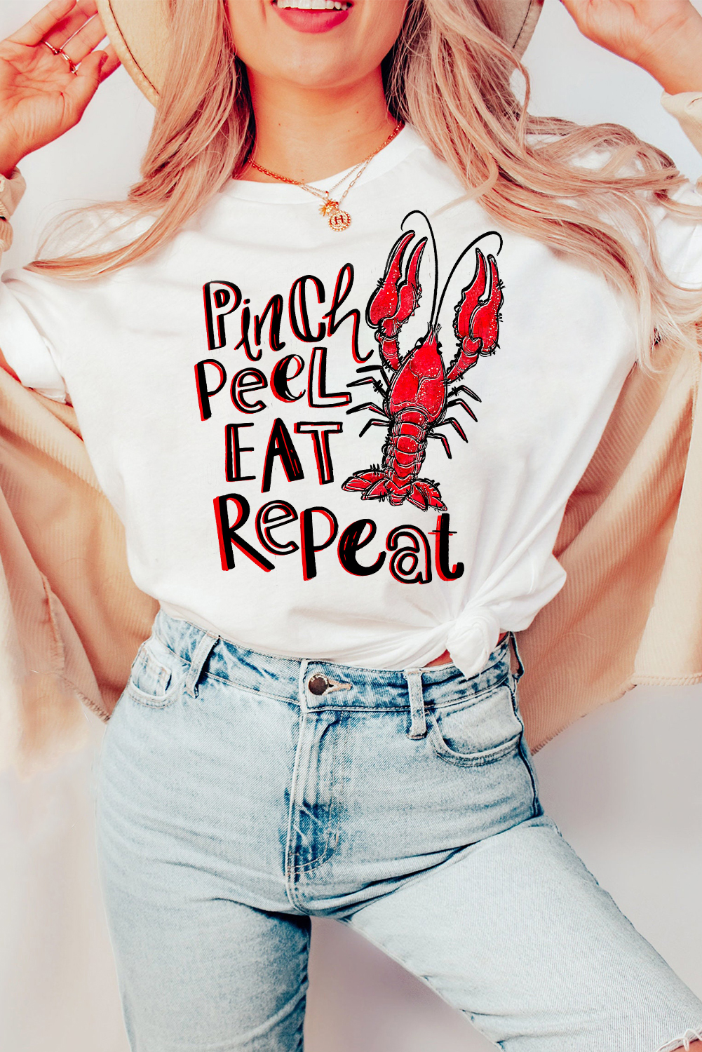 White Pinch Peel Eat Repeat Crawfish Print Crew Neck Tee - loveforevers