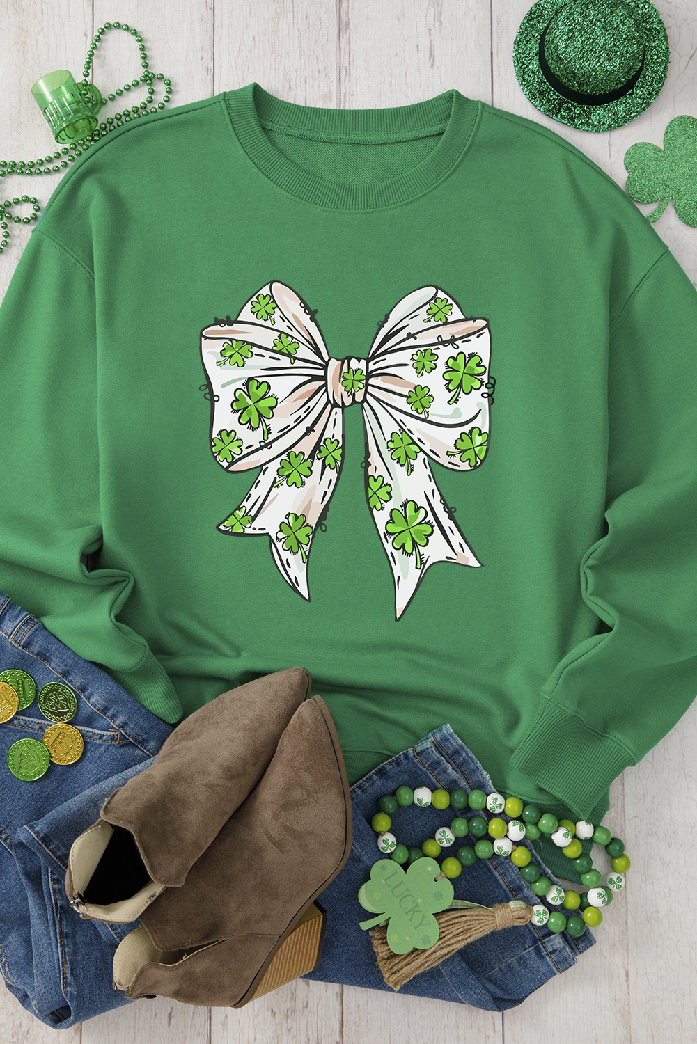 Dark Green St Patricks Clover Bow Printed Drop Shoulder Sweatshirt - loveforevers