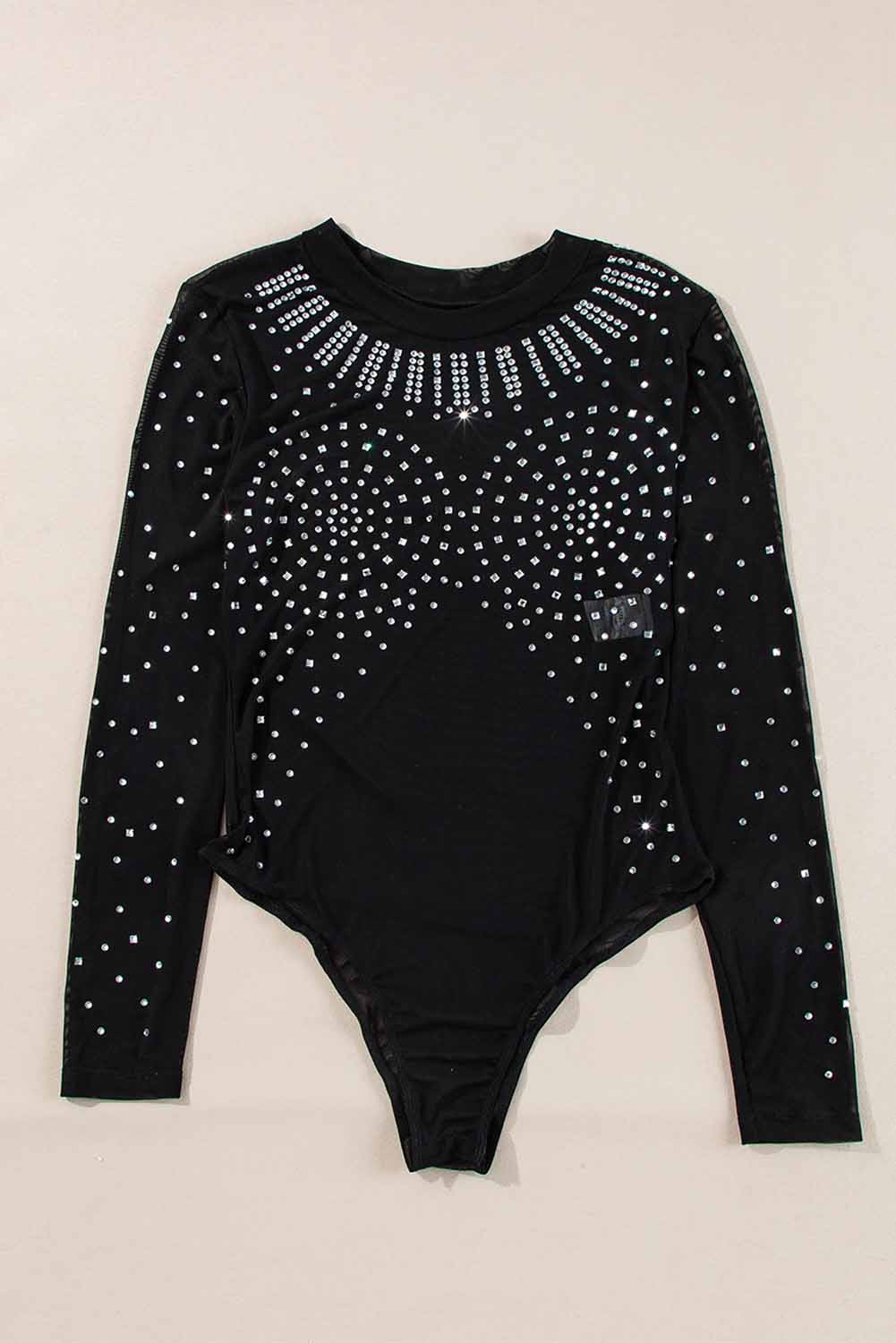 Black Rhinestone Sheer Mesh Long Sleeve Bodysuit - loveforevers