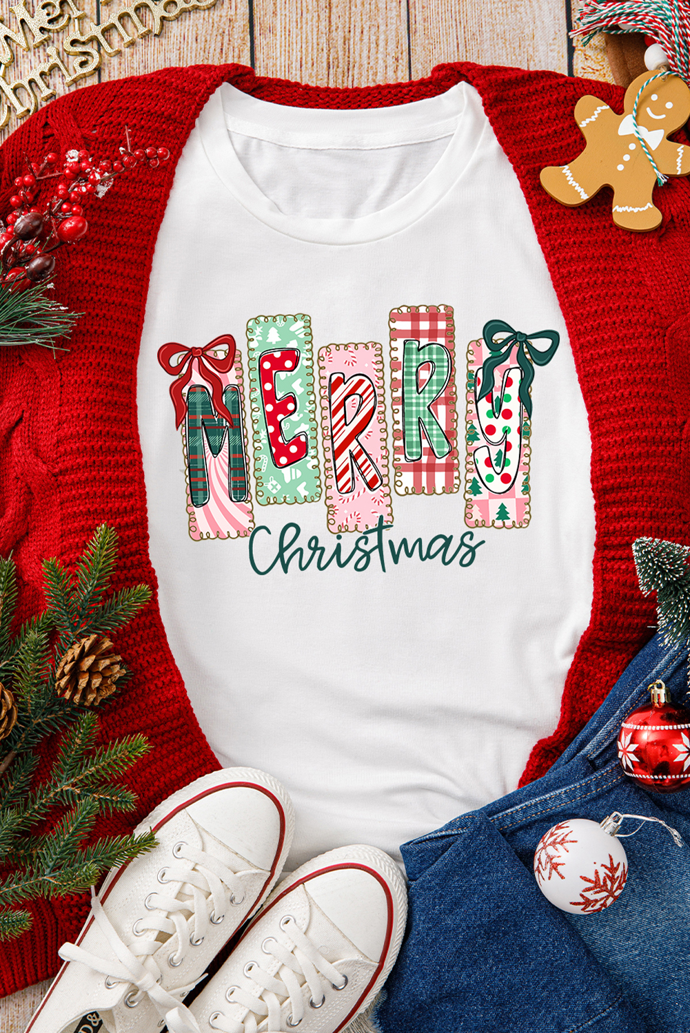 White Merry Christmas Ribbon Bow Detail Holiday Graphic Tee - loveforevers
