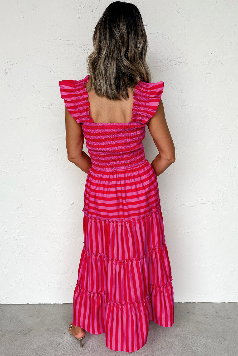 Rose Stripe Flutter Sleeve Smocked Bodice Tiered Maxi Dress - loveforevers